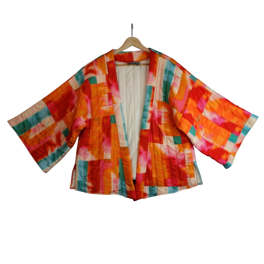 Anthropologie Quilted Kimono Jacket Womens OS Multi Color Patchwork Tie Dye Boho